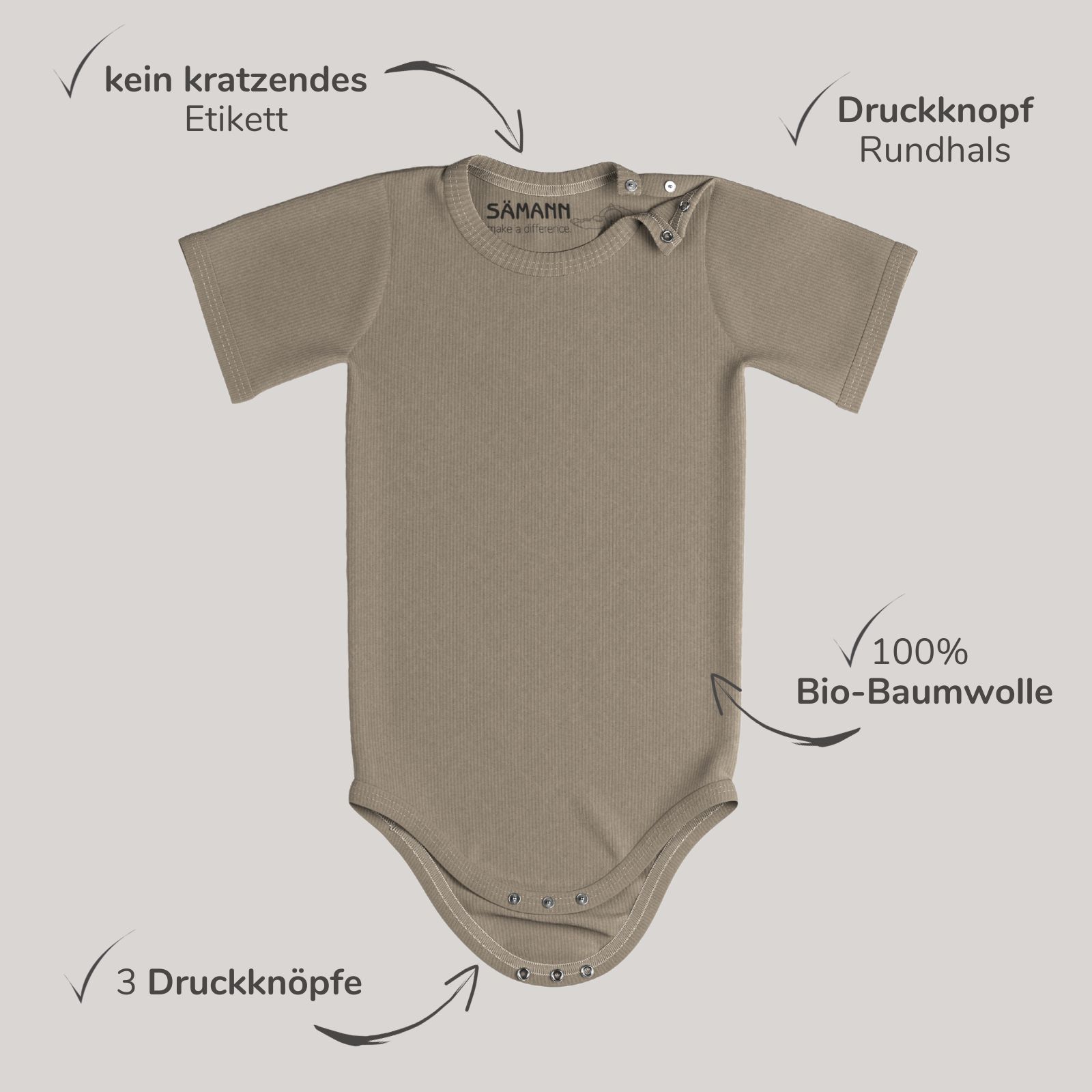 Baby Body aus 100% Bio-Baumwolle mit Druckknopf kurzarm gerippt 0-3 M Simply Taupe