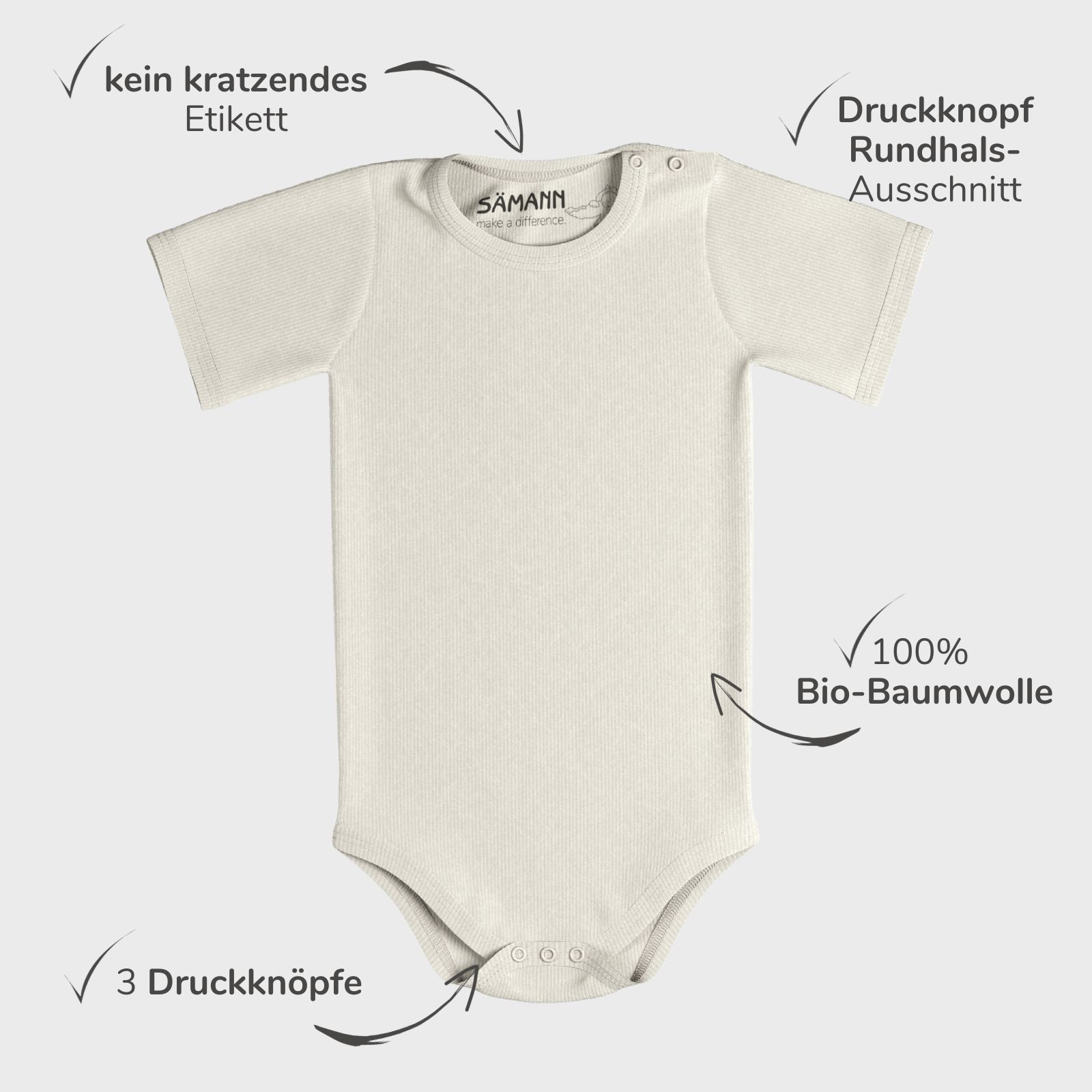 Baby Body aus 100% Bio-Baumwolle mit Druckknopf kurzarm gerippt 6-9 M Coconut Milk