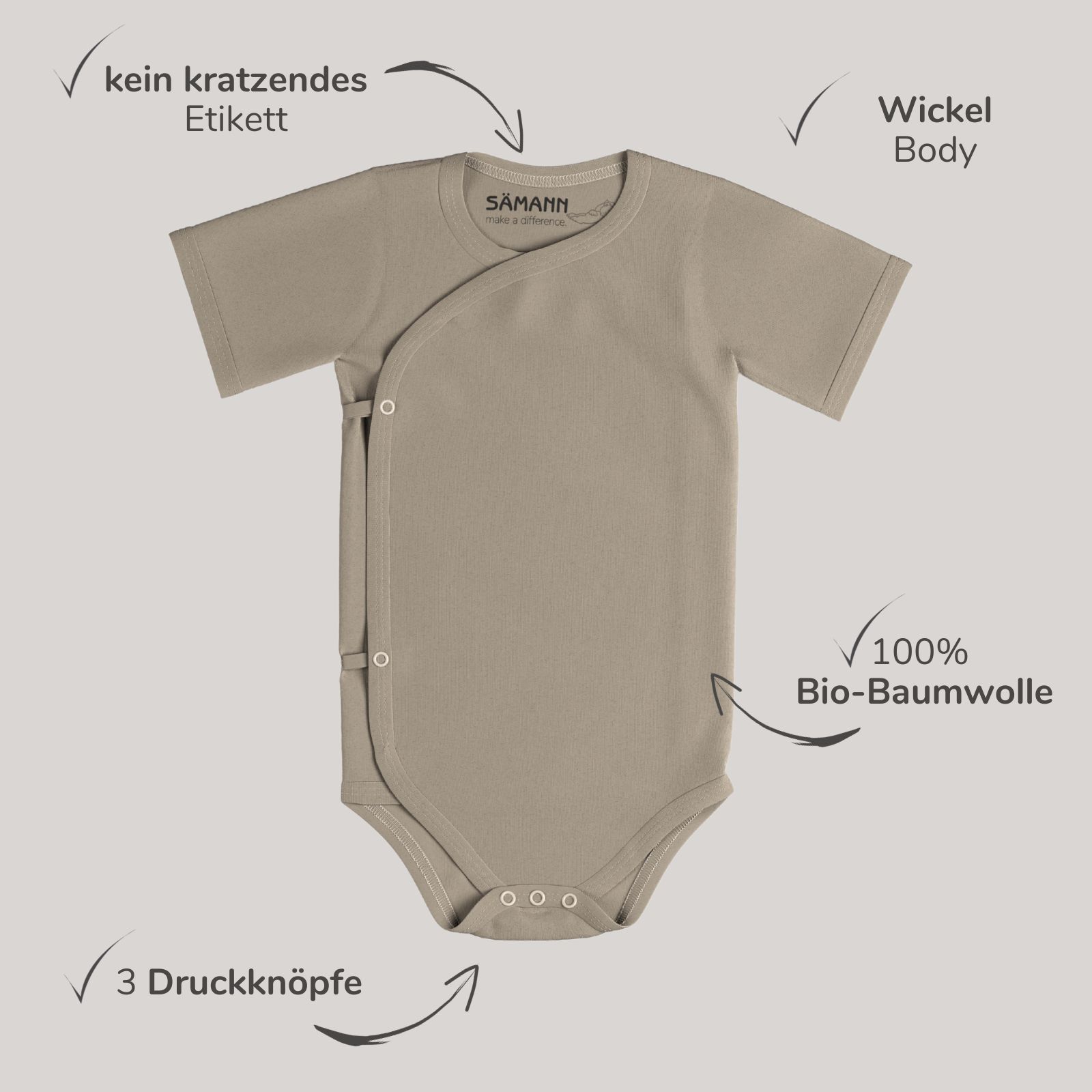 Baby Wickelbody aus 100% Bio-Baumwolle kurzarm nicht gerippt 6-9 M Simply Taupe
