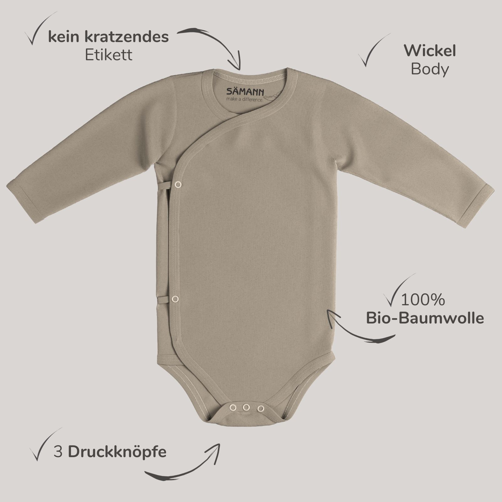 Baby Wickelbody aus 100% Bio-Baumwolle langarm nicht gerippt 9-12 M Simply Taupe