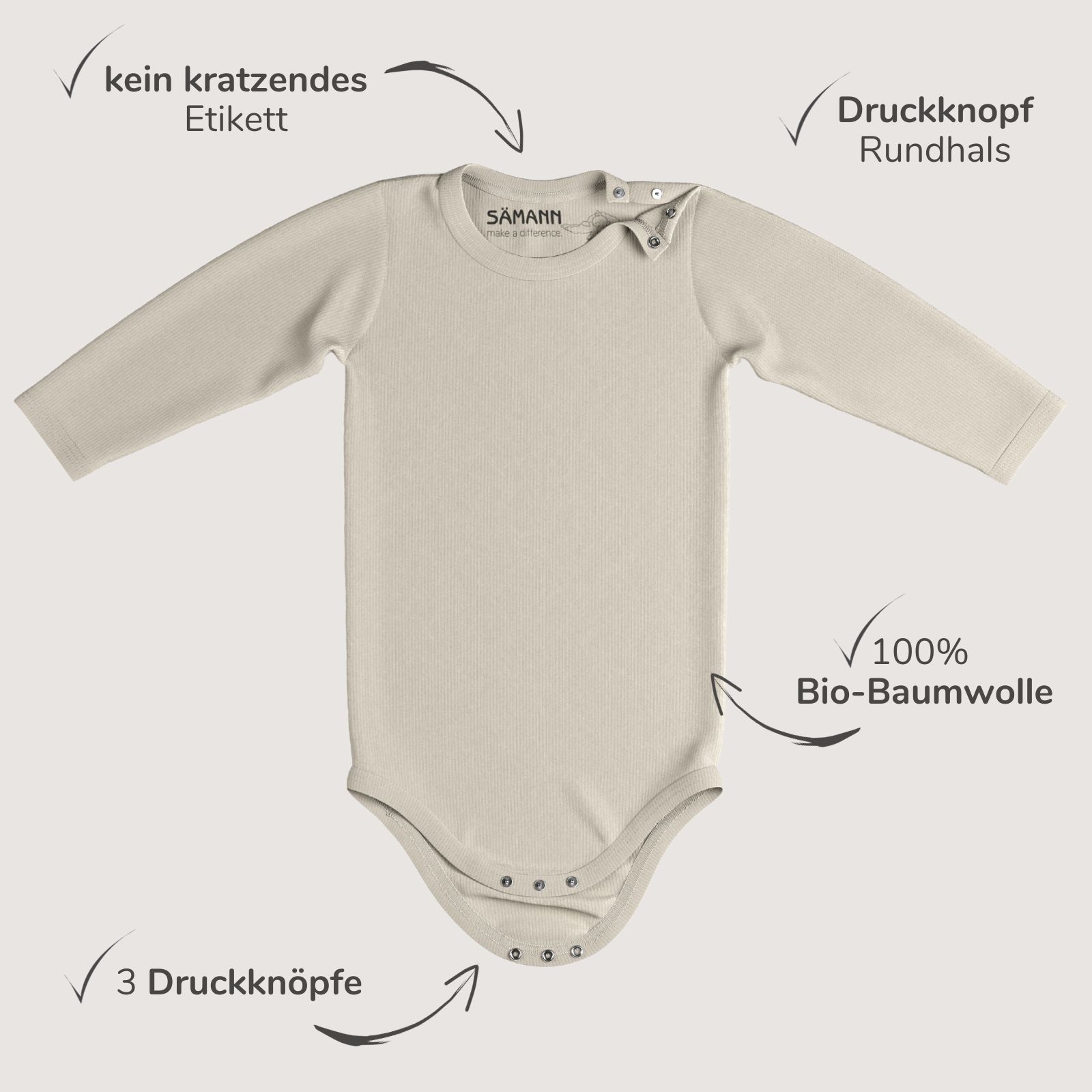 Baby Body aus 100% Bio-Baumwolle mit Druckknopf langarm gerippt 3-6 M Oat Milk