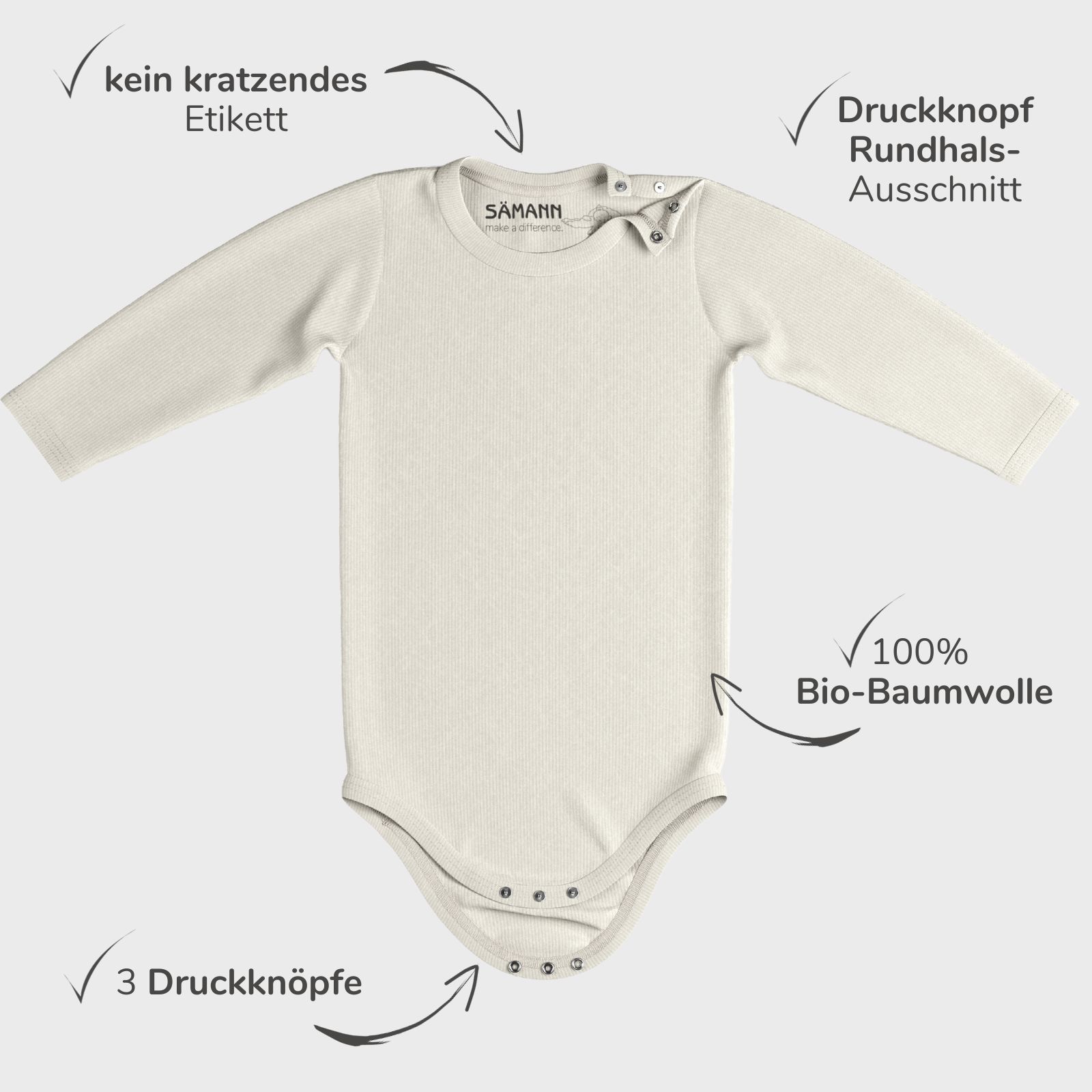 Baby Body aus 100% Bio-Baumwolle mit Druckknopf langarm gerippt 3-6 M Coconut Milk