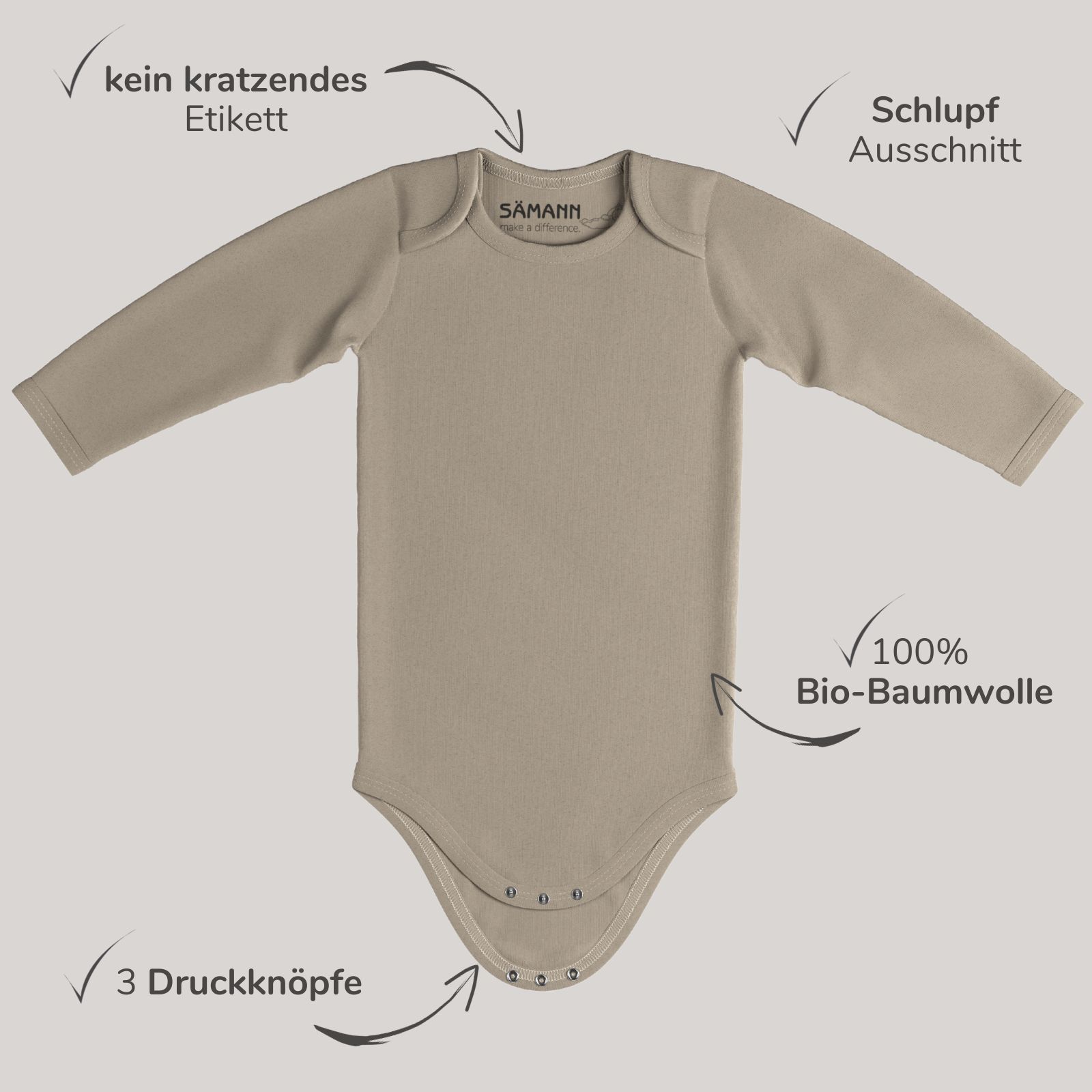Baby Body aus 100% Bio-Baumwolle mit Schlupf-Ausschnitt langarm nicht gerippt 0-3 M Simply Taupe