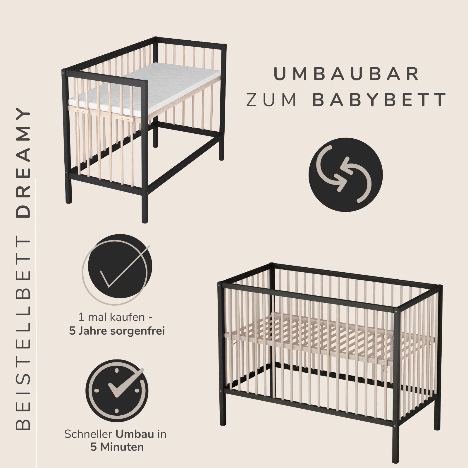Baby Beistellbett Dreamy 60x120 cm, grau/natur 4 in 1 mit Umbauseite