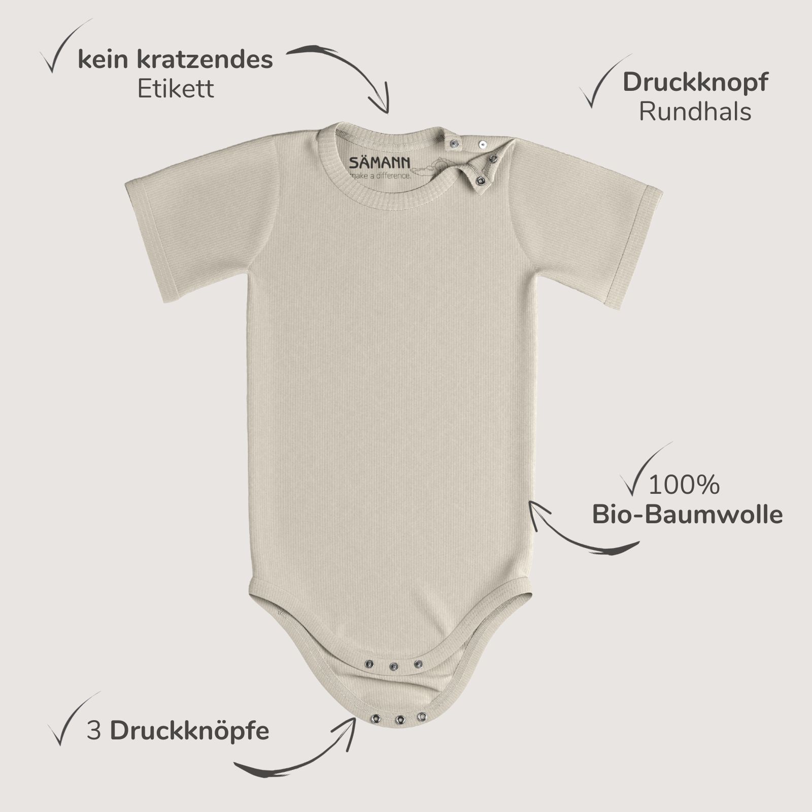 Baby Body aus 100% Bio-Baumwolle mit Druckknopf kurzarm gerippt 0-3 M Oat Milk