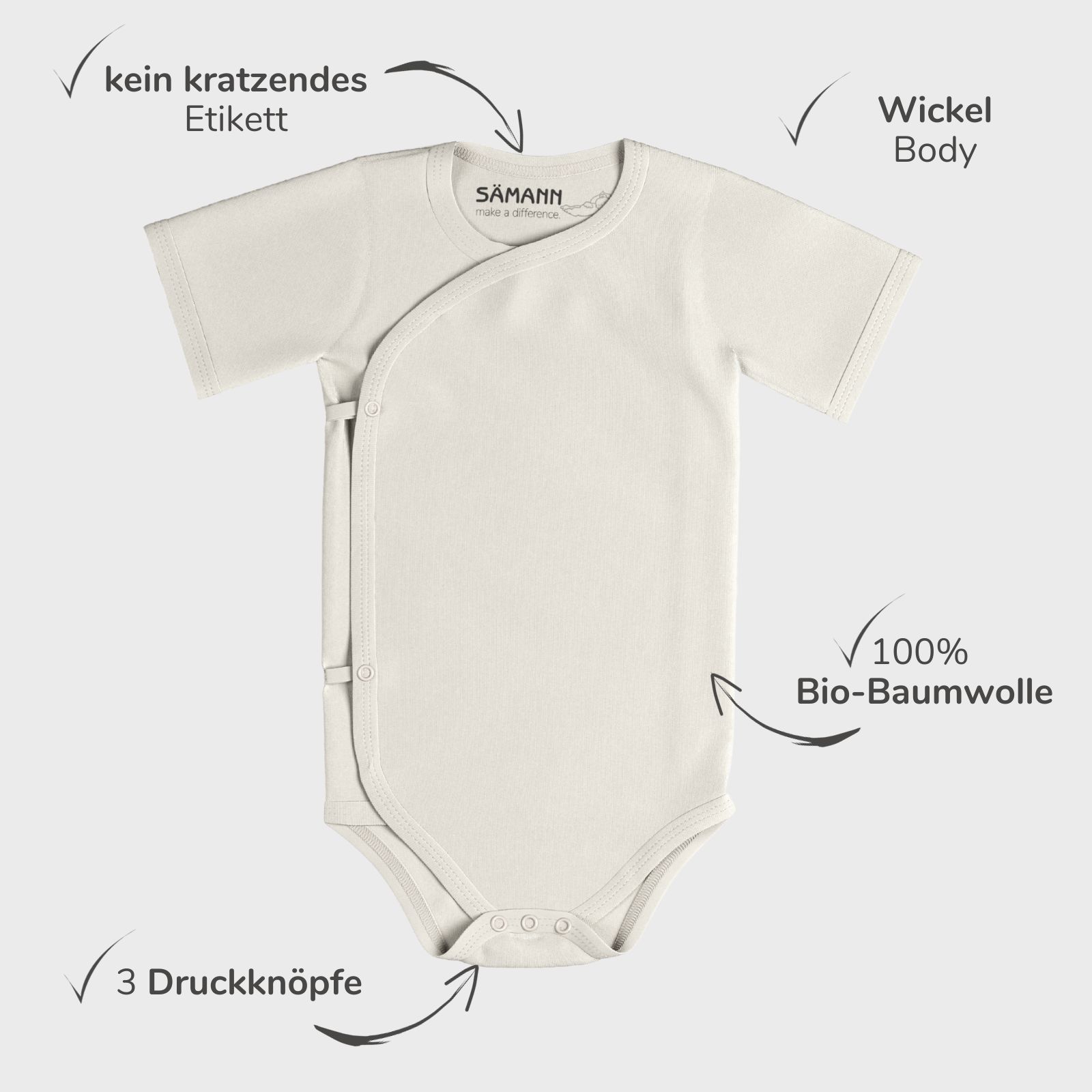 Baby Wickelbody aus 100% Bio-Baumwolle kurzarm nicht gerippt 6-9 M Coconut Milk